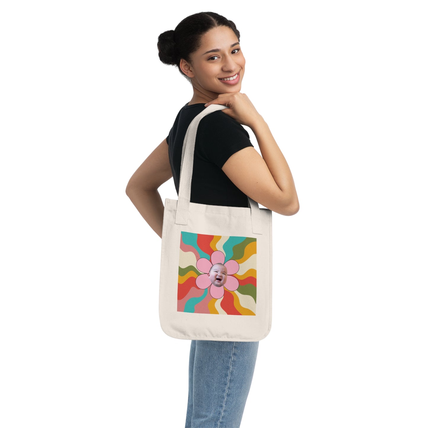 Mama Edition Personalized Canvas Tote Bag - Retro Flower (100% Organic Cotton)